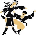 Black and beige stylized silhouette. Ukrainian folk dance. A girl and a guy dance hopak in national Ukrainian costumes.